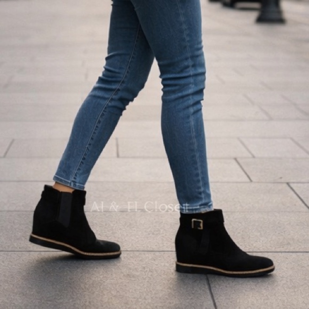 Dr. Scholl’s Jacinda Black Ankle Boots Wedge Comfort Buckle Strap Size 9.5M NWB